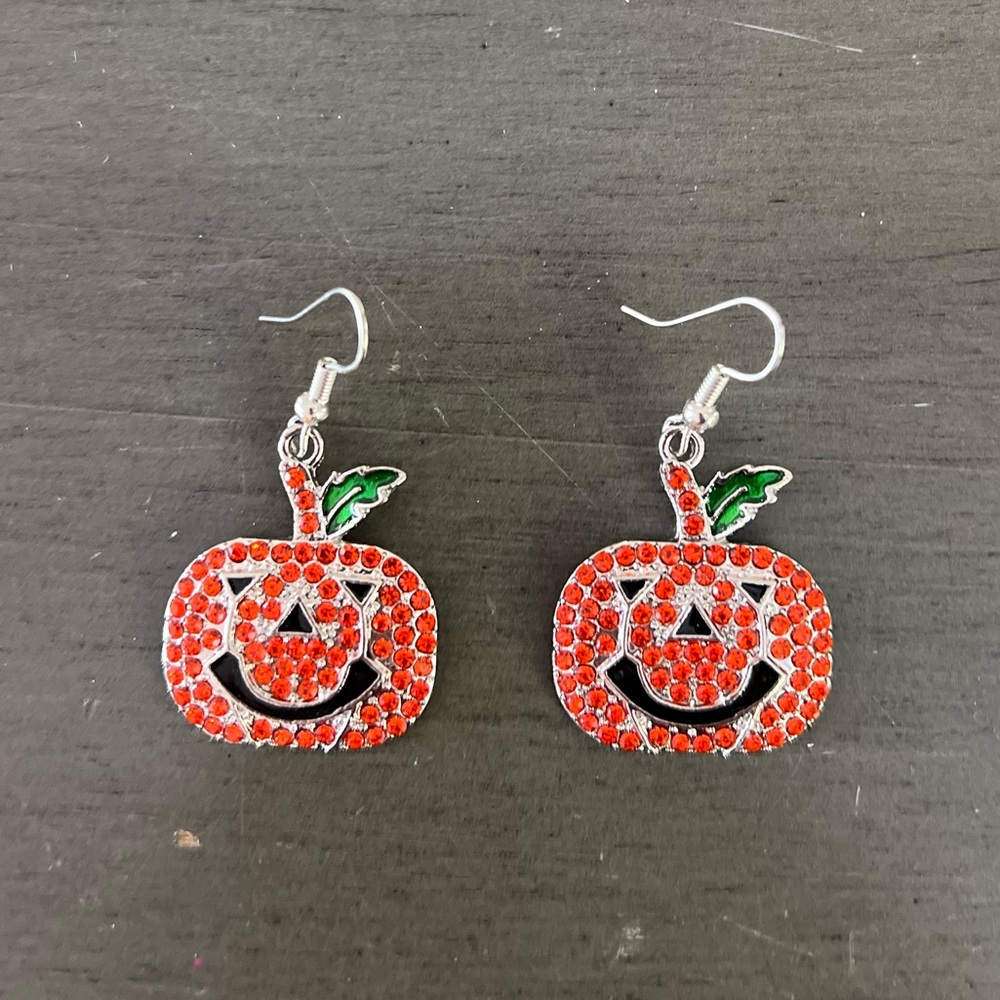 Orange Jack-O’-Lantern Allover Rhinestones Pumpkin Halloween Metal 1.5” Earrings
